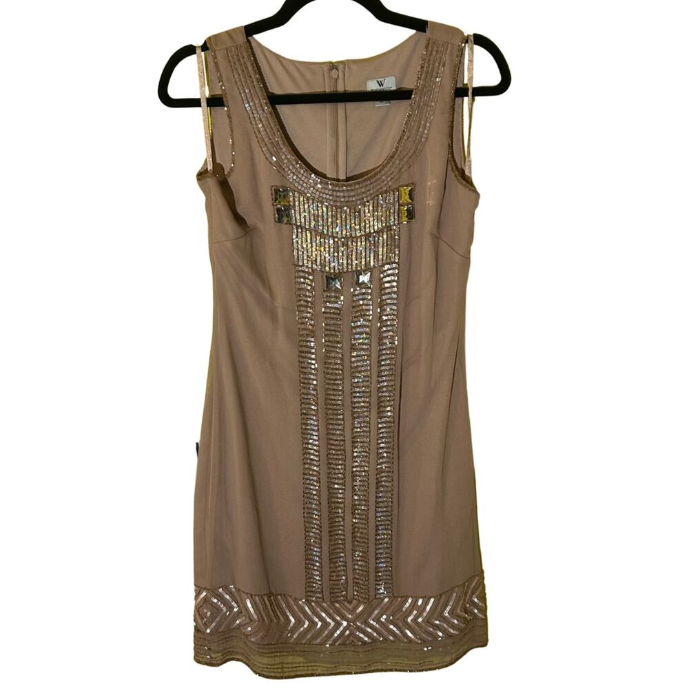 VTG Worthington Tan Beaded Sequin Chiffon Mini Dress 4 Art Deco Whimsigoth Party